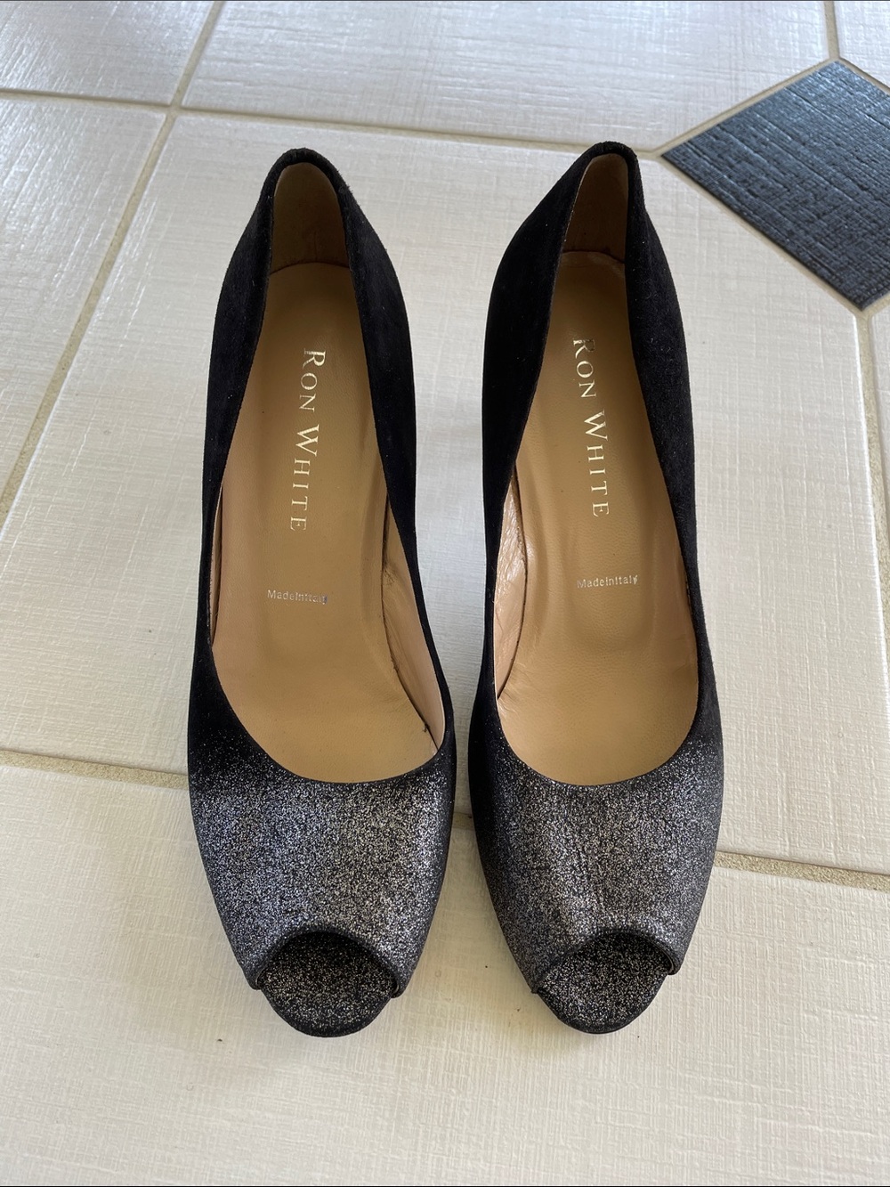 Women's Ron White Suede Black Glitter Peep-Toe Pumps
